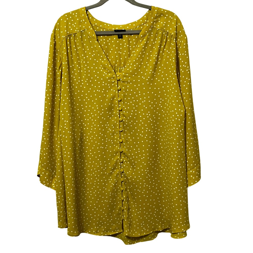 Torrid Womens Mustard Yellow Polka Dot Button Front Tunic Blouse Plus Size 5 5X